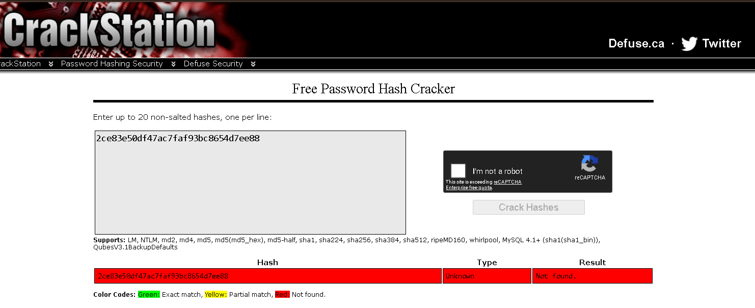 Crackstation web interface showing the hash 2ce83e50df47ac7faf93bc8654d7ee88 in the input box with a red Not found result and Unknown hash type