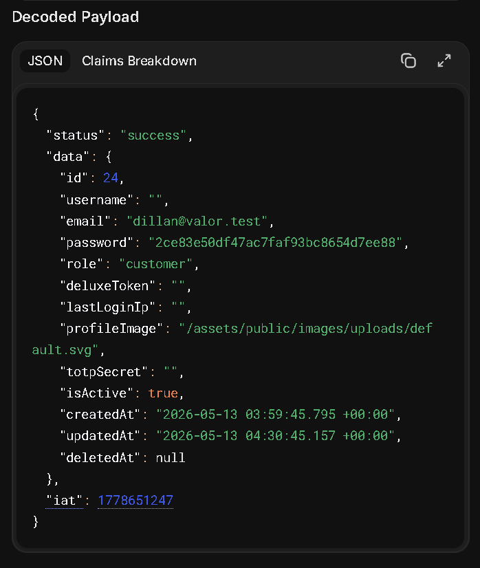 jwt.io decoded payload showing a JSON object with status, full user data including id, email, password hash, role, totpSecret, isActive, timestamps, and an iat claim with no exp claim