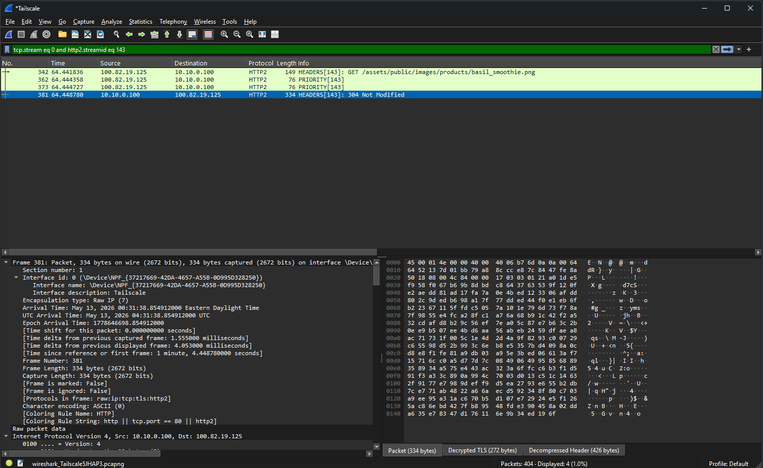 Wireshark capture window showing decrypted HTTP/2 frames on the Tailscale virtual interface, with a Decrypted TLS tab visible at the bottom of the packet detail pane