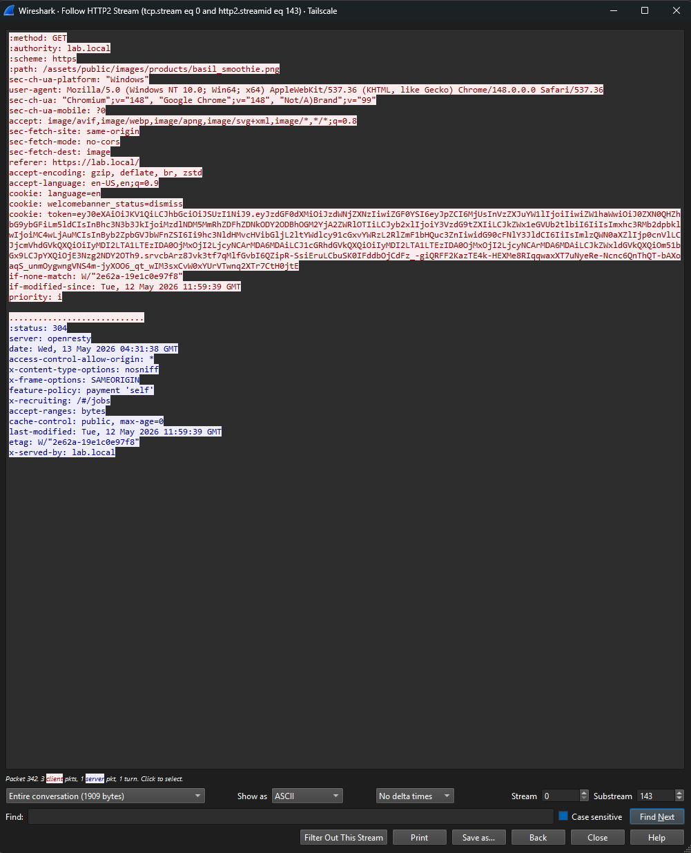 Wireshark Follow HTTP/2 Stream window showing a GET request to lab.local with the full request headers, including a cookie line highlighted in pink containing the JWT token